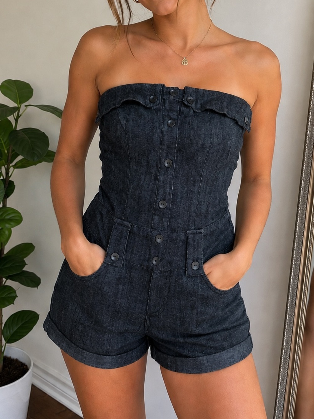Vintage Boom Boom Denim Strapless Romper Shorts Dark Wash Button Front Size S